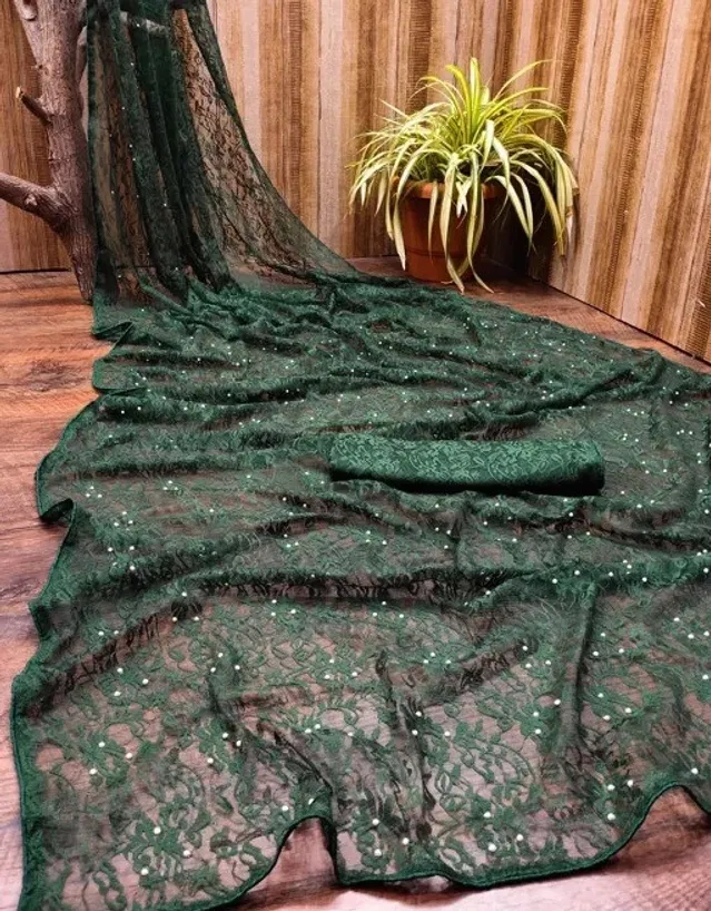 Net Solid Saree for Women (Bottle Green, 6.3 m)