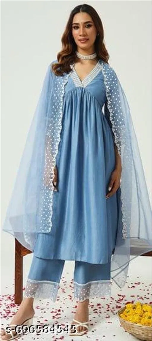 Acrylic Printed Kurta Set for Women (Blue, L)