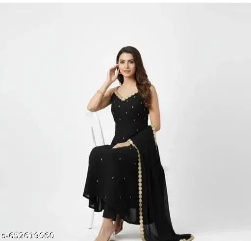 Georgette Embroidered Kurta & Paint & Dupatta Set For Womens, Black (XXXL)