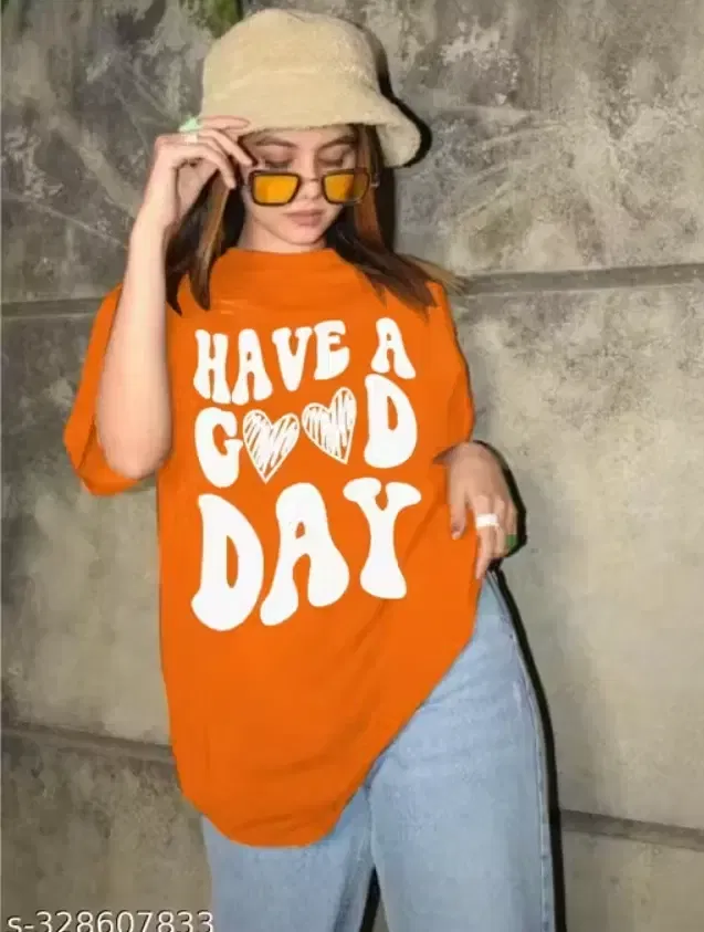 Chest Print Cotton Blend T-Shirts for Women, Orange (XXL)