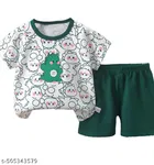 Hosiery Cotton Printed Clothing Set for Kids, Green & White 