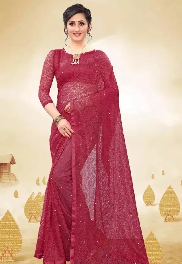 Net Solid Saree for Women (Maroon, 6.3 m)