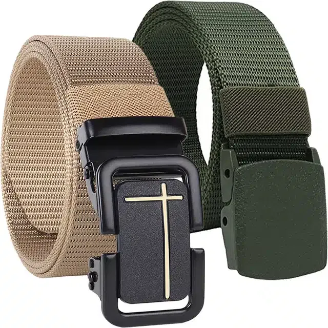 Casual Nylon Belt for Men (Cream & Green, Pack of 2)