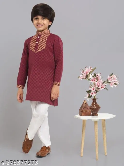 Cotton Blend Kurta with Pyjama for Boys (Maroon & White, 7-8 Years)