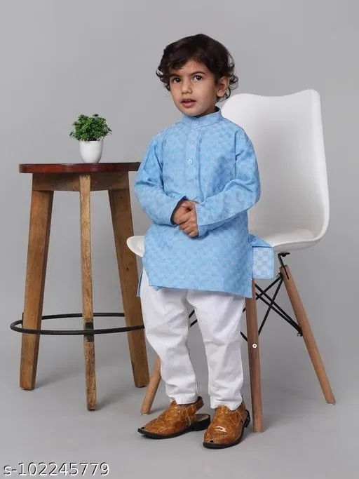 Cotton Kurta with Pyjama for Boys (Blue & White, 12-18 Months)