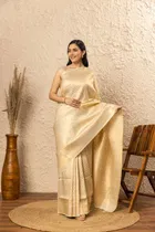 Litchi Silk Woven Design Saree for Women, Cream 