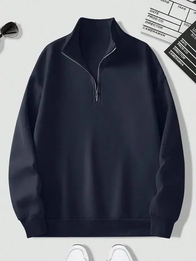 Fleece Solid Sweatshirt for Men, Navy Blue (XL)