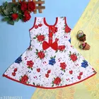 Cotton Frock for Girls (Red & White, 6-9 Months)