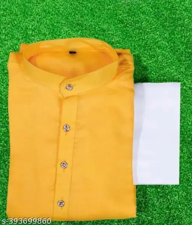 Cotton Solid Kurta with Pyjama for Men (Yellow & White, M)