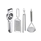 Oc9 Stainless Steel Lemon Squeezer & Cheese Grater & Roti Chimta & Potato Masher Kitchen Tool Set 
