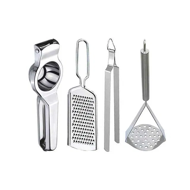 Oc9 Stainless Steel Lemon Squeezer & Cheese Grater & Roti Chimta & Potato Masher Kitchen Tool Set (O-69)