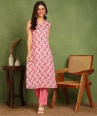 Cotton Blend Printed Kurti with Pant for Women (Pink, S)