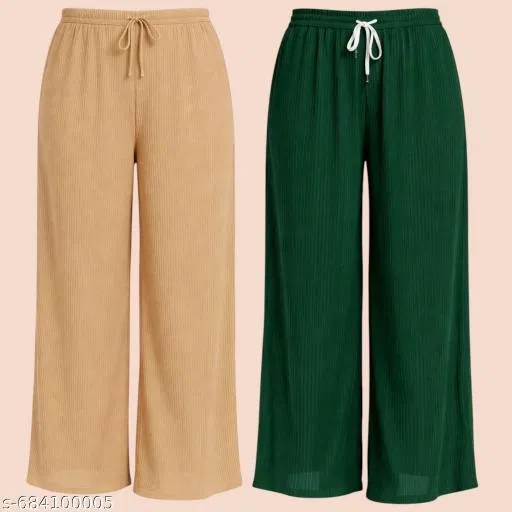 Palazzo Pants for Women, Pack of 2 (Green, XL)
