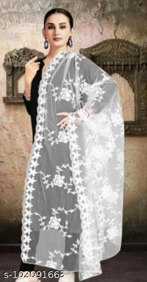 Embroidered Punjabi Net Floral Sewing & Embroidery (White, Free Size)