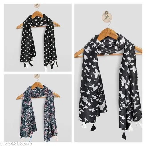 Chiffon Scarves for Women, Black, Pack of 3