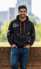 Fleece Printed Hoodie for Men, Black 