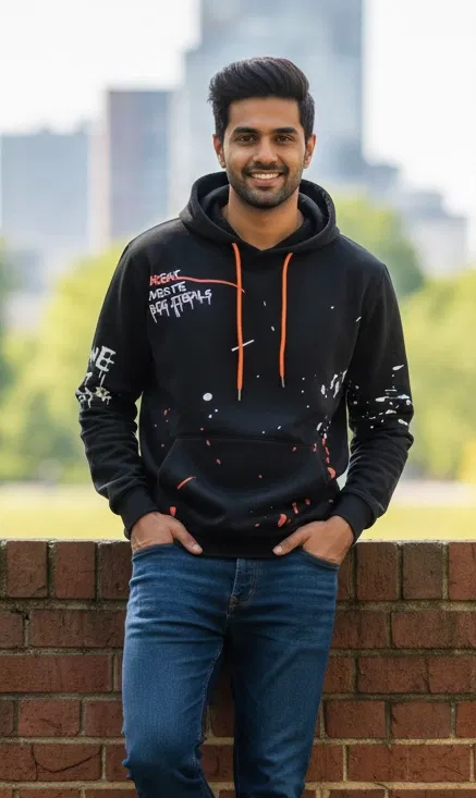 Fleece Printed Hoodie for Men, Black (L)