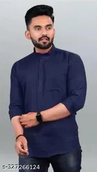Cotton Blend Solid Short Kurta for Men, Navy Blue 