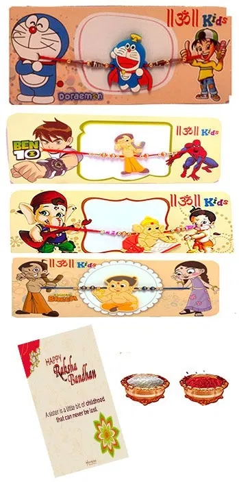 Synthetic Cartoon Character Kids Rakhi with Greeting Card (Multicolor, Pack of 4)