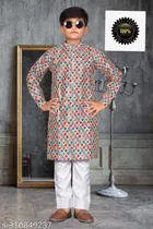 Art Silk Kurta Sets for Boys (3-4 Years, Grey & White)