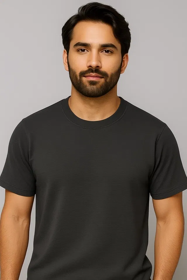 Round Neck Structured T-Shirt for Men (Dark Grey, L)
