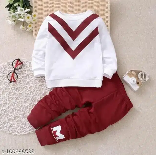 Hosiery Cotton Full Sleeves T-Shirt with Pant Clothing Set for Kids (White & Maroon, 18-24 Months)