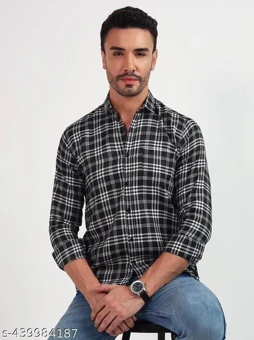Polycotton Checked Shirts for Men, Black (L)