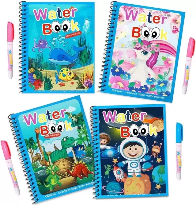 Magic Water Coloring Book with Magic Pen Quick Dry Reusable Drawing Pad for Kids | Assorted Design & Color [Pack of 4]