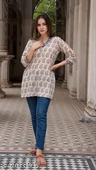 Viscose Rayon Printed Short Kurti for Women, Cream 