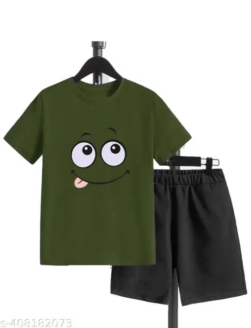 Cotton Blend Printed Clothing Set for Boys, Olive (5-6 Years)