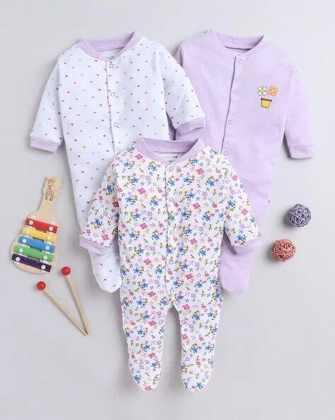 Hosiery Cotton Printed Rompers for Kids, Multicolor, Pack of 3 (12-18 Months)