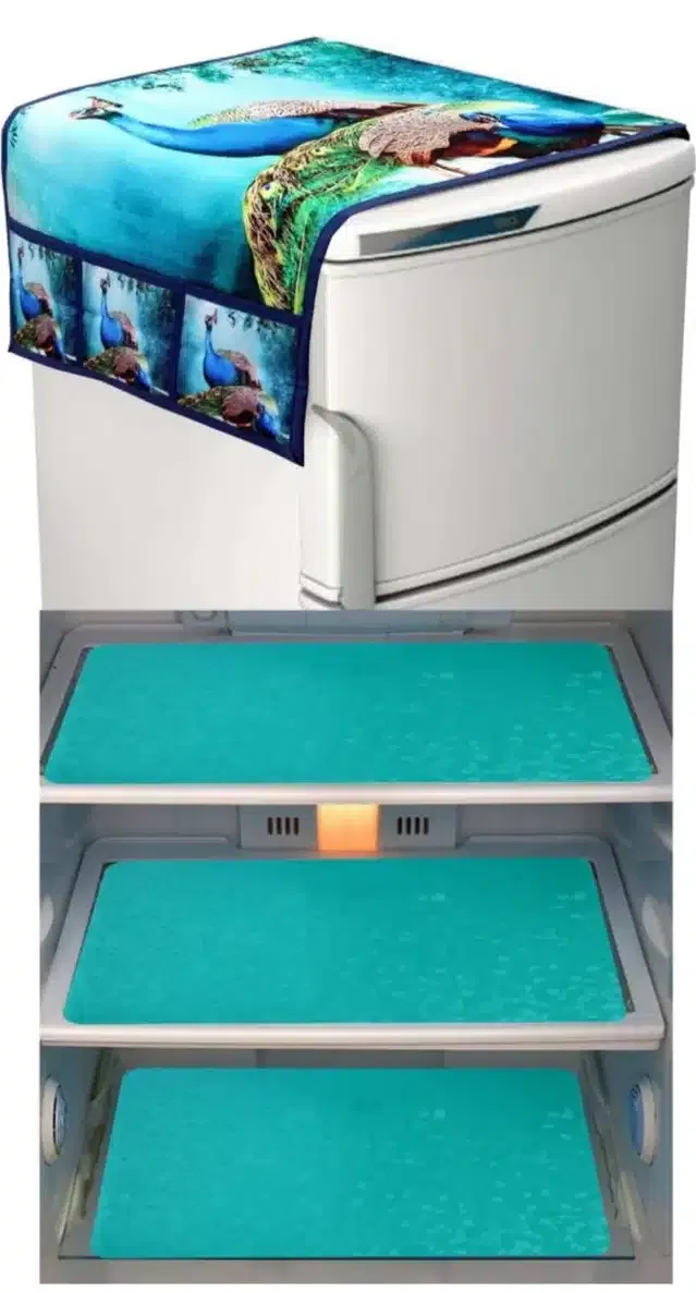 Knit Printed Fridge 3 Pcs Mat with Top Cover (Multicolor, Set of 1)