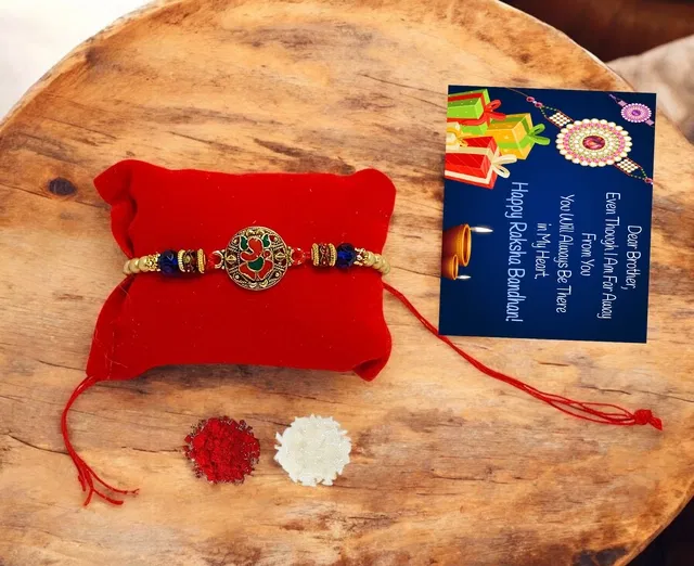 Metal Rakhi with Greeting Card & Roli Chawal (Multicolor, Set of 1)