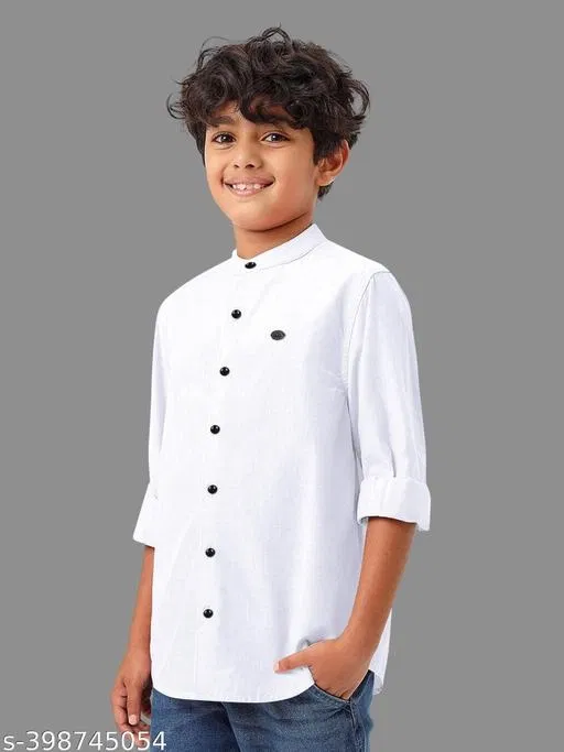 Solid Cotton Blend Mandarin Collar Long Sleeve Shirt for Boys (White, 6-7 Years)