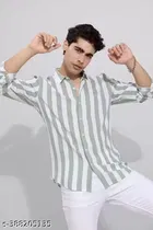 Cotton Blend Striped Shirt for Men, White & Green 