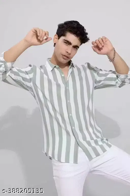 Cotton Blend Striped Shirt for Men, White & Green (L)