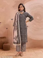 Polyester Printed Kurta With Paint & Dupatta Set for Women, Black & Beige 