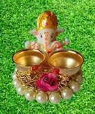 Metal Decorative Ganpati Haldi Kumkum Stand with 2 Roli Chawal Holder, Multicolor