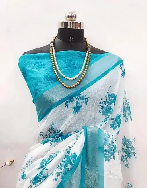 Cotton Linen Printed Saree for Women (White & Sky Blue, 6.3 m)