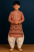 Cotton Blend Printed Kurta with Dhoti for Boys, Brown & White 
