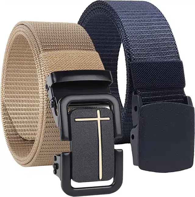 Casual Nylon Belt for Men (Cream & Blue, Pack of 2)