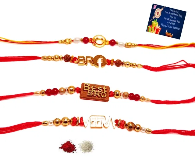 Fabric 4 Pcs Rakhi with Greeting & Roli Chawal (Multicolor, Set of 1)