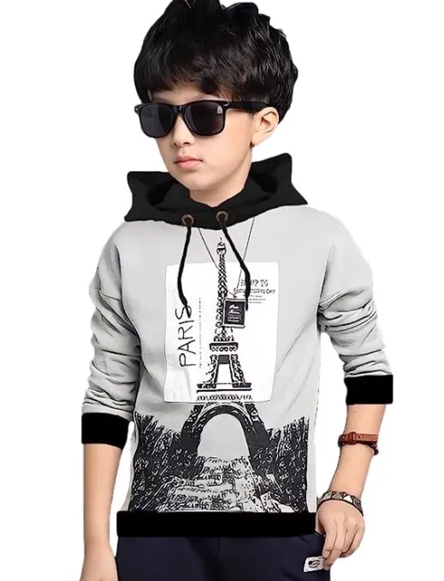 Hooded Neck Printed T-Shirt for Boys (Grey, 11-12 Years)