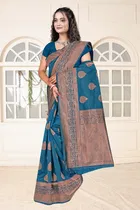 Jacquard Woven Design Saree for Women, Teal 