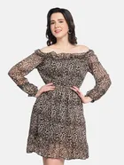 Georgette Printed Dress for Women (Brown, S)