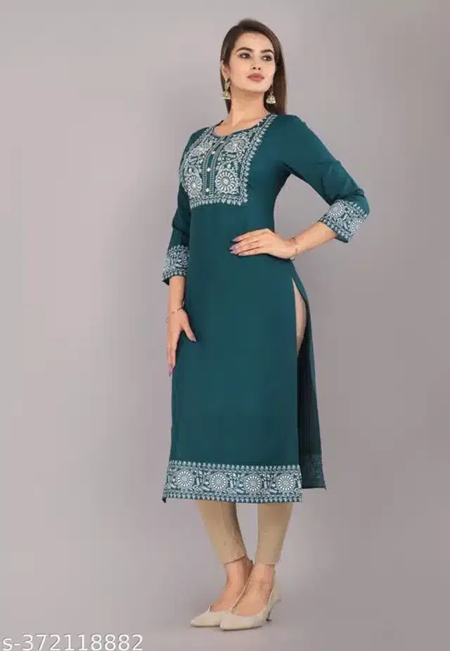 Rayon Solid Kurti for Women (Turquoise, XXL)