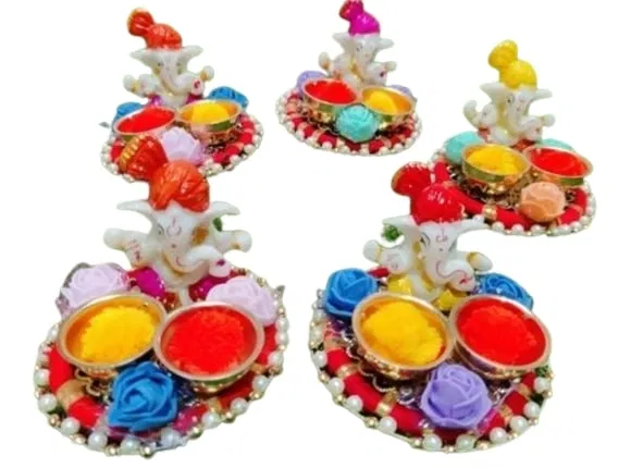 Metal Decorative Ganpati Haldi Kumkum Stand with 2 Roli Chawal Holder, Multicolor