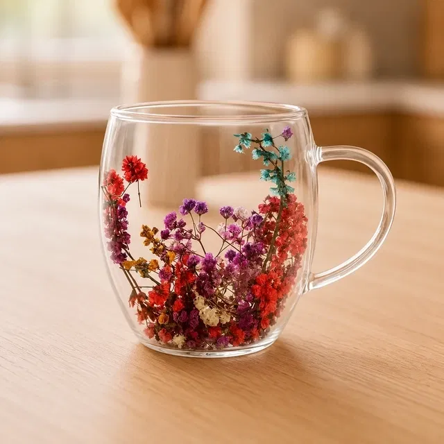 Double Wall Floral Borosilicate Glass Mug (250ml) Transparent Cup for Tea/Coffee | Gift Ready