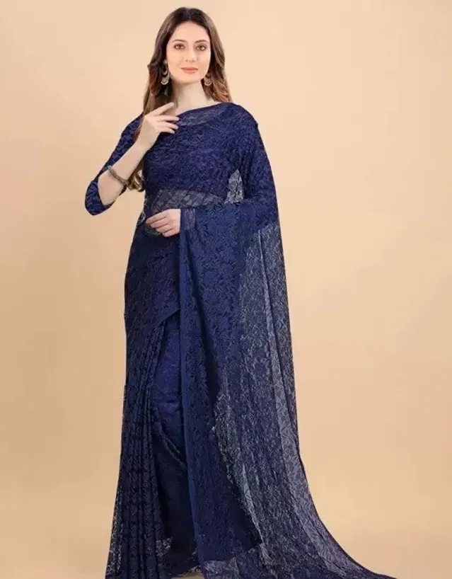 Net Floral Saree for Women (Navy Blue, 6.3 m)
