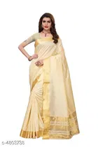Cotton Silk Printed Saree for Women, Cream & Gold 